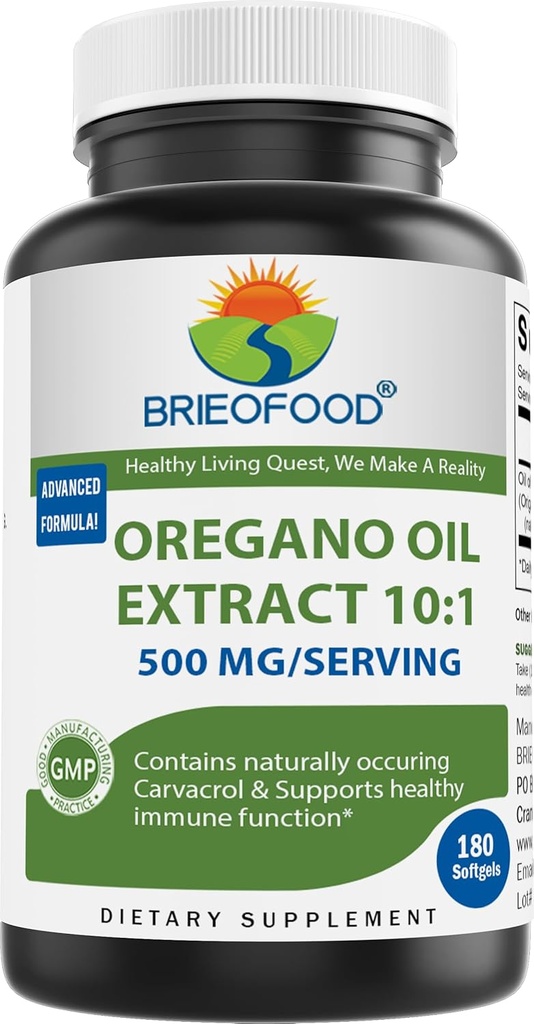 Brieofood Oregano Oil 10: 1 Extract 500 mg per Serving - Zawiera naturalnie zapakowane Carvacrol - Zdrowa funkcja immunologiczna - 180 Softgels