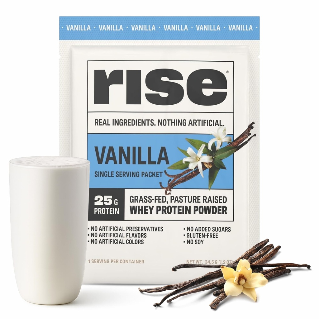 Rise Grass- Fed białka serwatki w proszku - wanilia 124; 25g białka bez sztucznych aromatów, kolorów lub środków konserwujących - bez cukru, bez glutenu, bez soi (Pojedyncza porcja, 1 opakowanie)