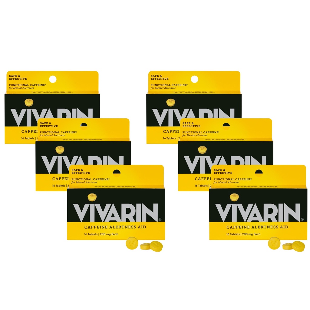 Vivarin, tabletki kofeinowe, 200 mg kofeiny na dawkę, Bezpiecznie i skutecznie pomaga Ci pozostać przed budzeniem, bez cukru, kalorii lub ukrytych składników, suplement energii, 16 tabletek (6 opakowań)