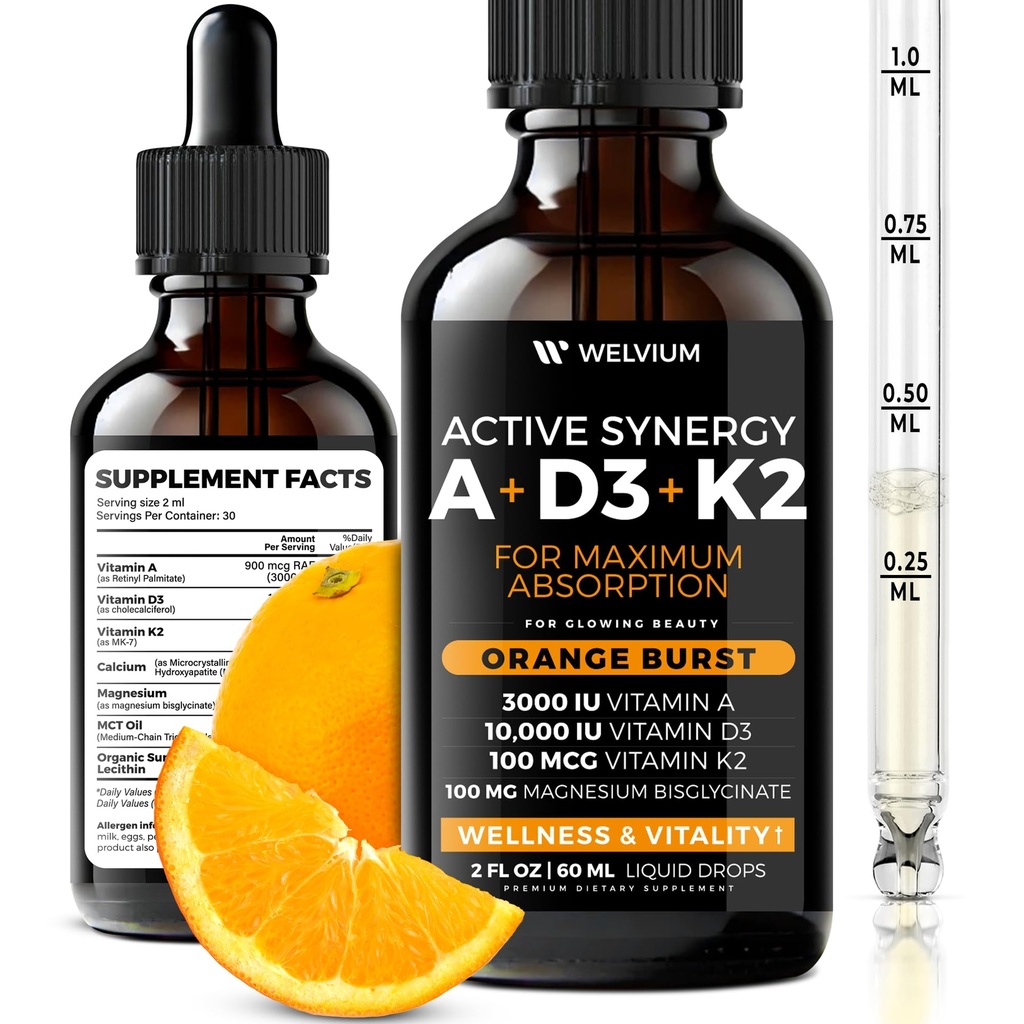 Liquid Vitamin D3 K2 Magnesium Liposomal Drops with 10000 IU Cholecalciferol, MK7, Vitamin A, Calcium, MCT Oil, Organic Sunflower Lecithin for Immune Bone Skin ADK Supplement