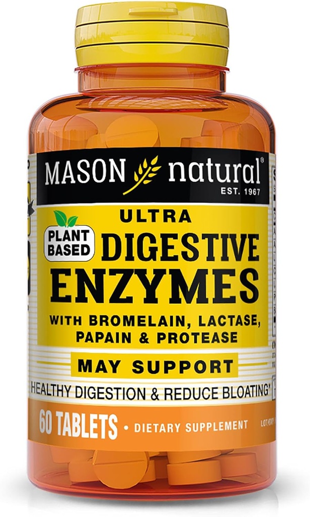 Mason Natural Plant- oparte Ultra Digestive Enzymy, z Bromelain, Lactase & Papain, Wspiera trawienie i Bloating Relief, 60 Kapsułki, Opakowanie z 3