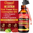 20-in-1 Liposomal 1500MG Red Yeast Rice with CoQ10 Drops, Cholesterol Supplement with Citrus Bergamot, Omega-3, Magnesium, Astaxanthin for Heart, Immune - Vegan, Citrinin-Free | 2 Fl OZ