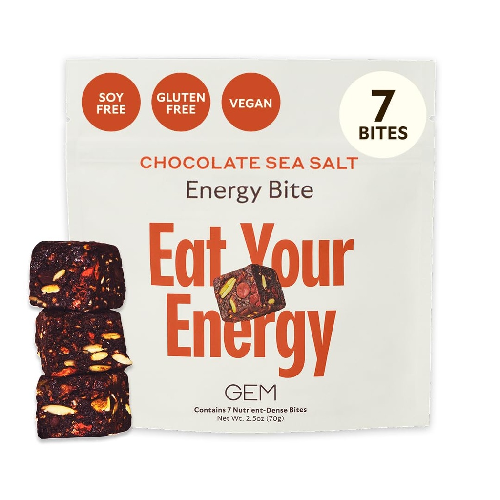 GEM Energy Caffeinded Bite Bite 124; Holistic Trwała Energia 124; Wspomaga Metabolizm, Stamina & Endurance Bits 124; 40mg Kofeina, Ginseng Root, L-Theanine Bidden 124; Czekolada Cacao Sea Salt 124; 7 Służenie