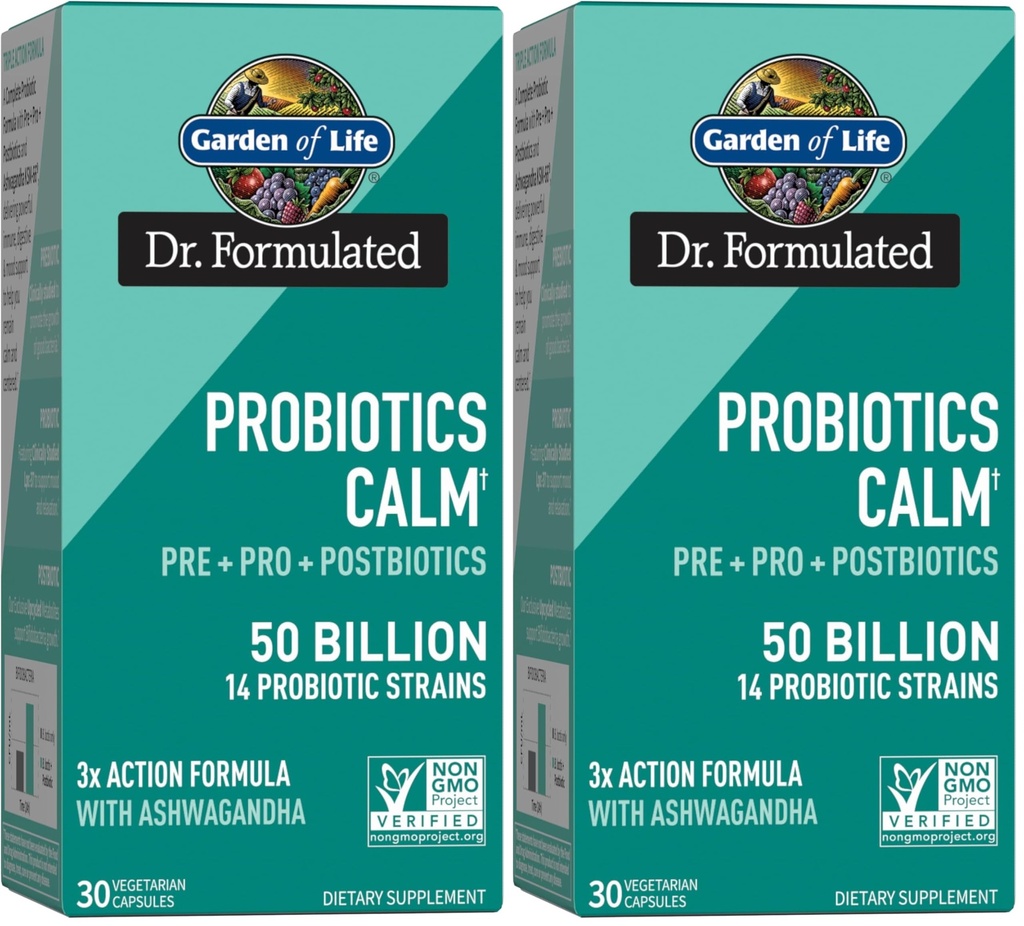 Garden of Life Dr. Formulated Pre,Post & Probiotics Calm 50 Billion CFU Daily 3-in-1 Complete Supplement with Ashwagandha – Mood Support,Digestive & Immune Support,30 Vegetarian Capsules,(Pack of 2)