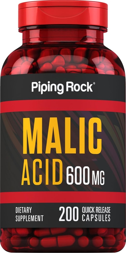 Piping Rock Malic Acid kapsułki 124; 600mg 124; 200 Pilli 124; Non- GMO, Gluten suplement wolny