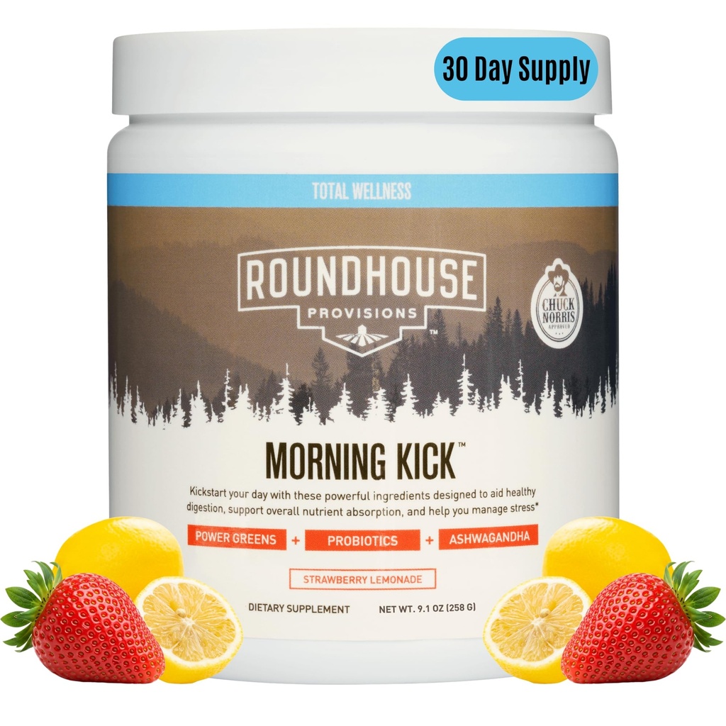 ROUNDHOUSE PROVISION Morning Kick, Zero Sugar Greens Superfood Powder Supplement with Ashwagandha, Collagen, Probiotics, Debloat Drink, 30 Servings (Strawberry Lemonade) by Chuck Norris