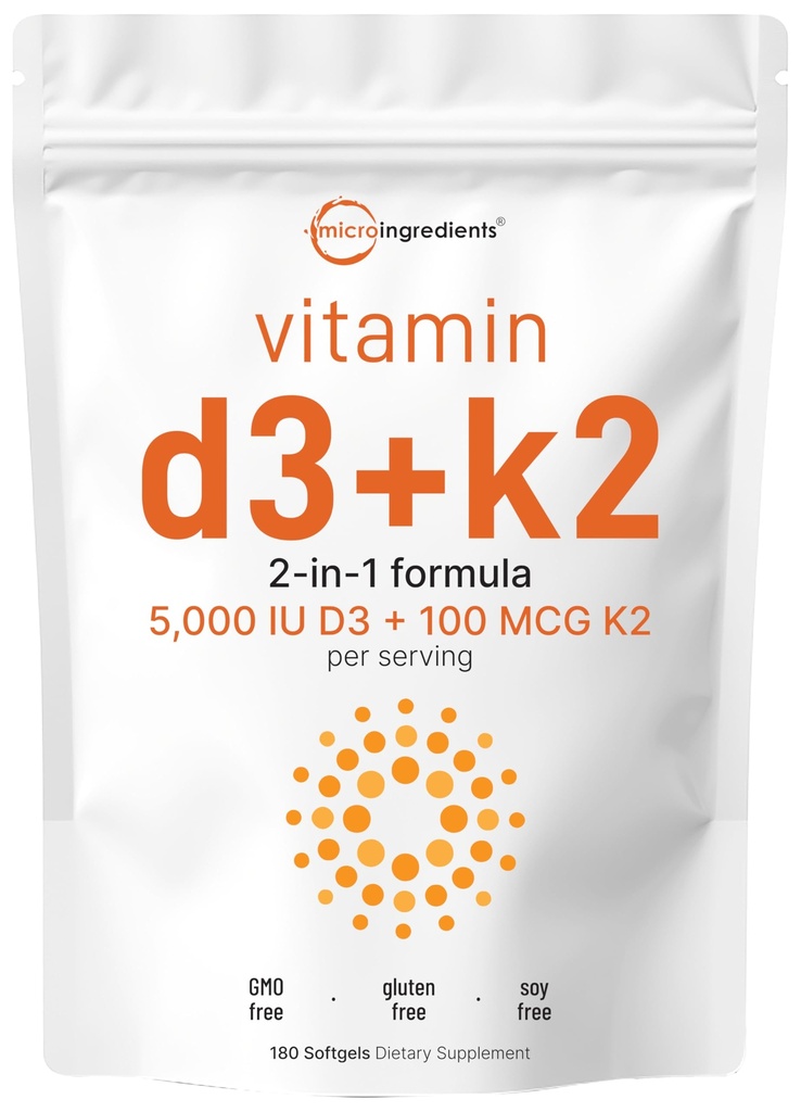 Micro Ingredients Witamina D3 5000 j. m. + K2 MK- 7 100 µg, 180 Softgeli 124; 2- in-1 Formuła 124; Łatwy do połknięcia, Non-GMO