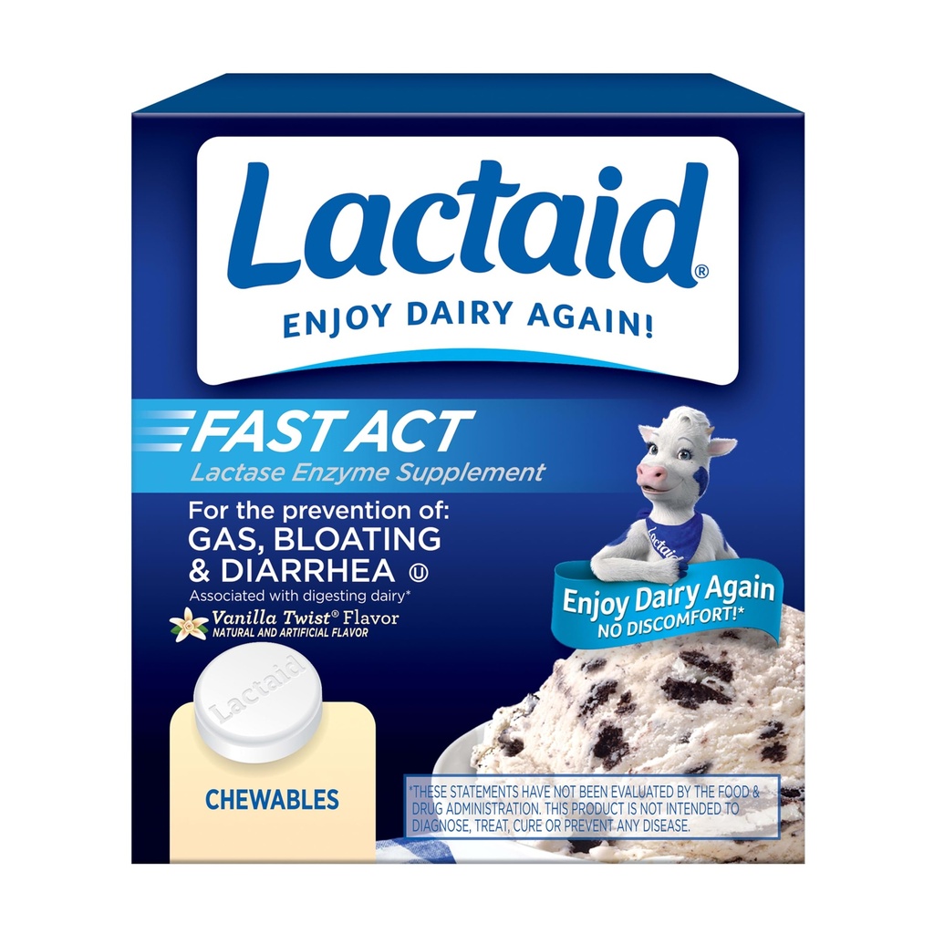 Lactaid Fast Act Laktoza Nietolerancja Relief Chewables with Natural Lactase Enzyme to Prevent Gas, Bloating & Biegunka Ze względu na wrażliwość na laktozę, On- the- Go, Vanilla Twist Flavor, 60 x 1