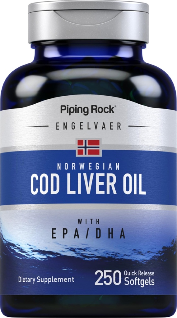 Piping Rock Cod Liver Oil Softgels 124; 250 Hrabia 124; z EPA DHA Equipment 124; Engelvaer Norweski 124; Non- GMO, Gluten suplement