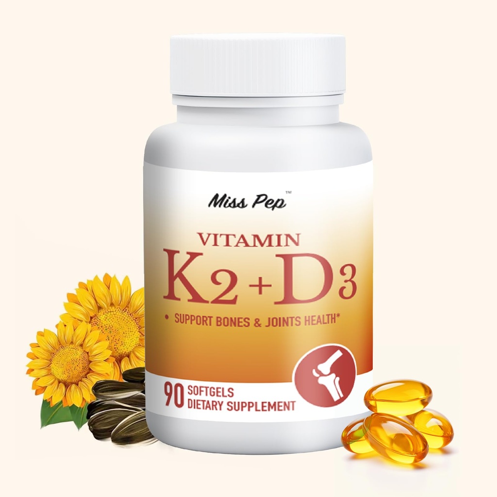 Vitamin D3 K2, 5000 IU D3 and 100 mcg K2 (MK-7), with Sunflower Oil Softgels, 90 Softgels, 2-in-1 Formula, Easy to Absorb and Swallow (1 Bottle)