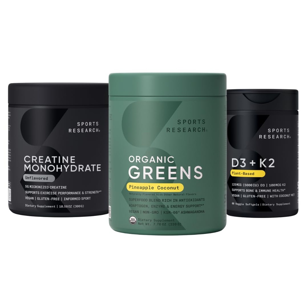 Sports Research ® Organic Ananas Zielone Kokosowe, Monowodzian kreatyny i Witamina D3 5000iu + Witamina K2 100mg