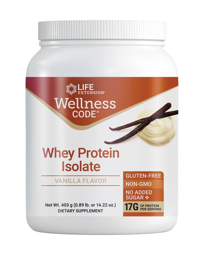 Life Extension Wellness Code ® Whey Protein Isolate (Vanilla), białka i rozgałęzionych aminokwasów łańcucha dla wzrostu mięśni i zdrowia immunologicznego, bez dodatku cukru, Gluten Free, Non-GMO, 403 Grams (20 Sług)