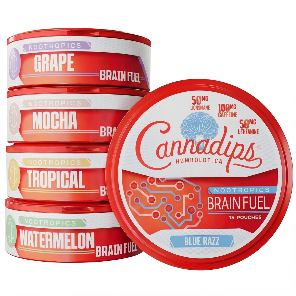 Cannadips - Brain Fuel Variety Pack - Nootropowe Pouches - 50 mg Lwa grzywa, 100 mg kofeiny, 50 mg L- Theanine, No Sugar - Clean Energy Brain Fuel for Cognitive Performance, Made in USA (5-PACK)