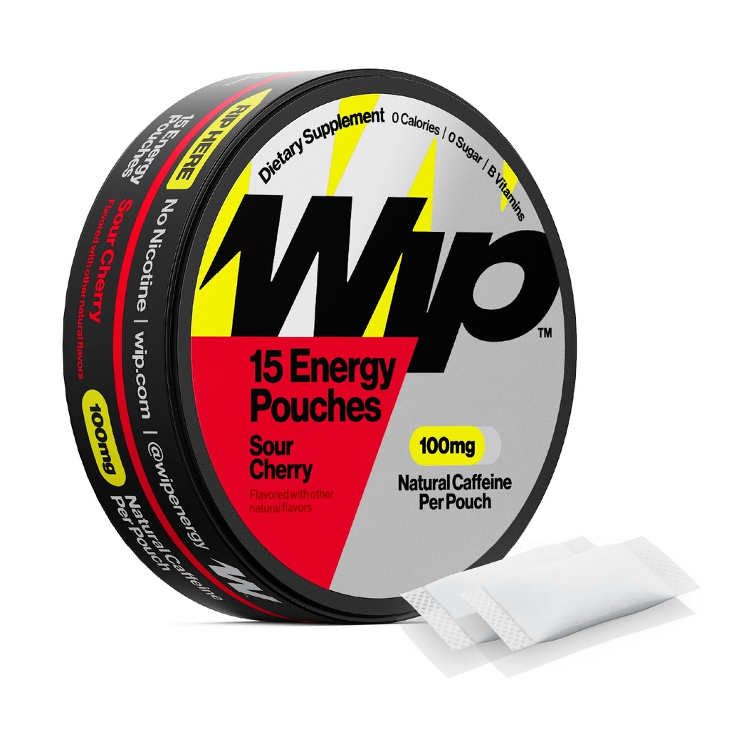 Wip Energy Pouches | 100mg Natural Caffeine | Vitamins and Minerals | Sour Cherry | 15 Pouches Per Can | 1 Can