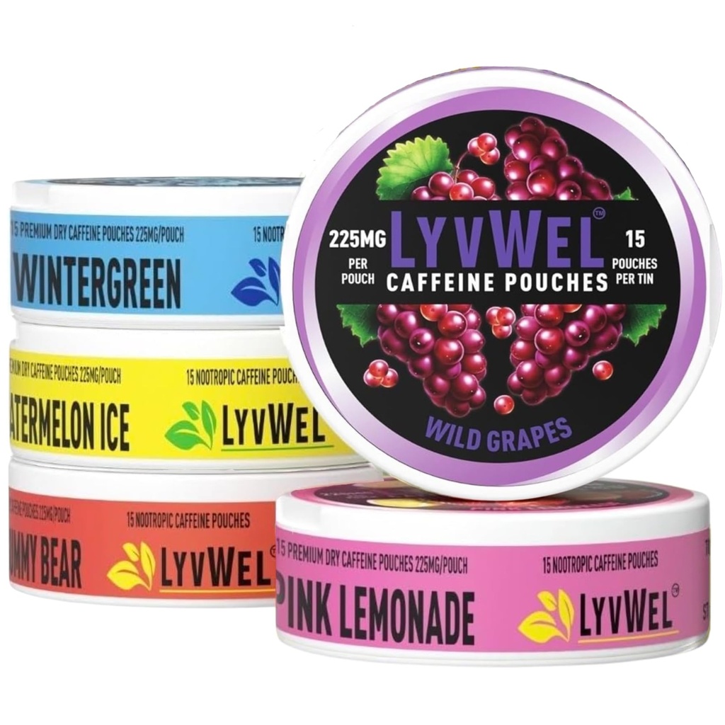 LyvWel 225mg Kofeina Pouches Energy 124; Nootropic Focus & Neuro Support Description 124; Tobacco-Free, Nicotine- Free, Quick Energy Solution Description 124; 5- Pack: 60 Pouches (5 Pack, Multi- Pack)