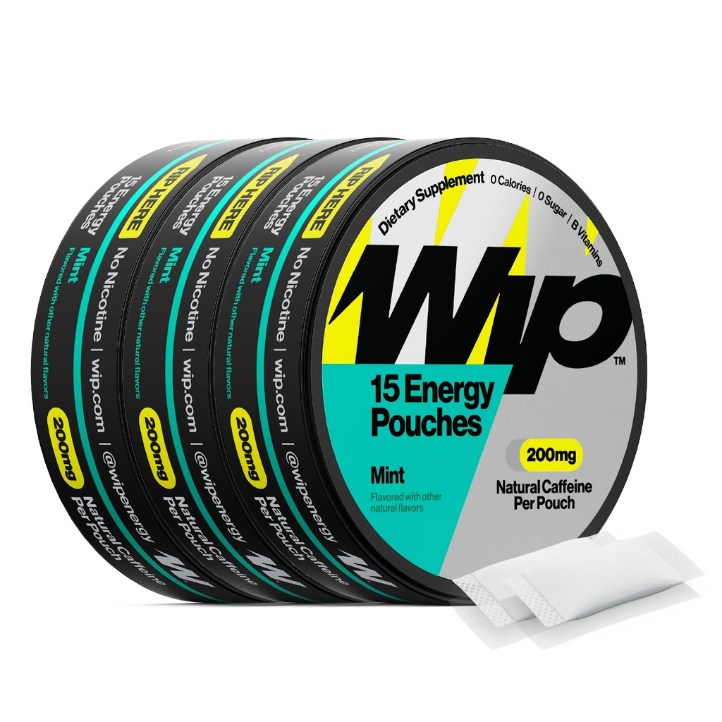 Wip Energy Pouches, Bezcukrowy Mieszanka z 200 MG naturalnej kofeiny, Witaminy B, Minerały i L Theanine dla wsparcia energetycznego, Wstępne ćwiczenia dla aktywnego stylu życia, Mennica, 3 Puszki, 15 Pouches per can