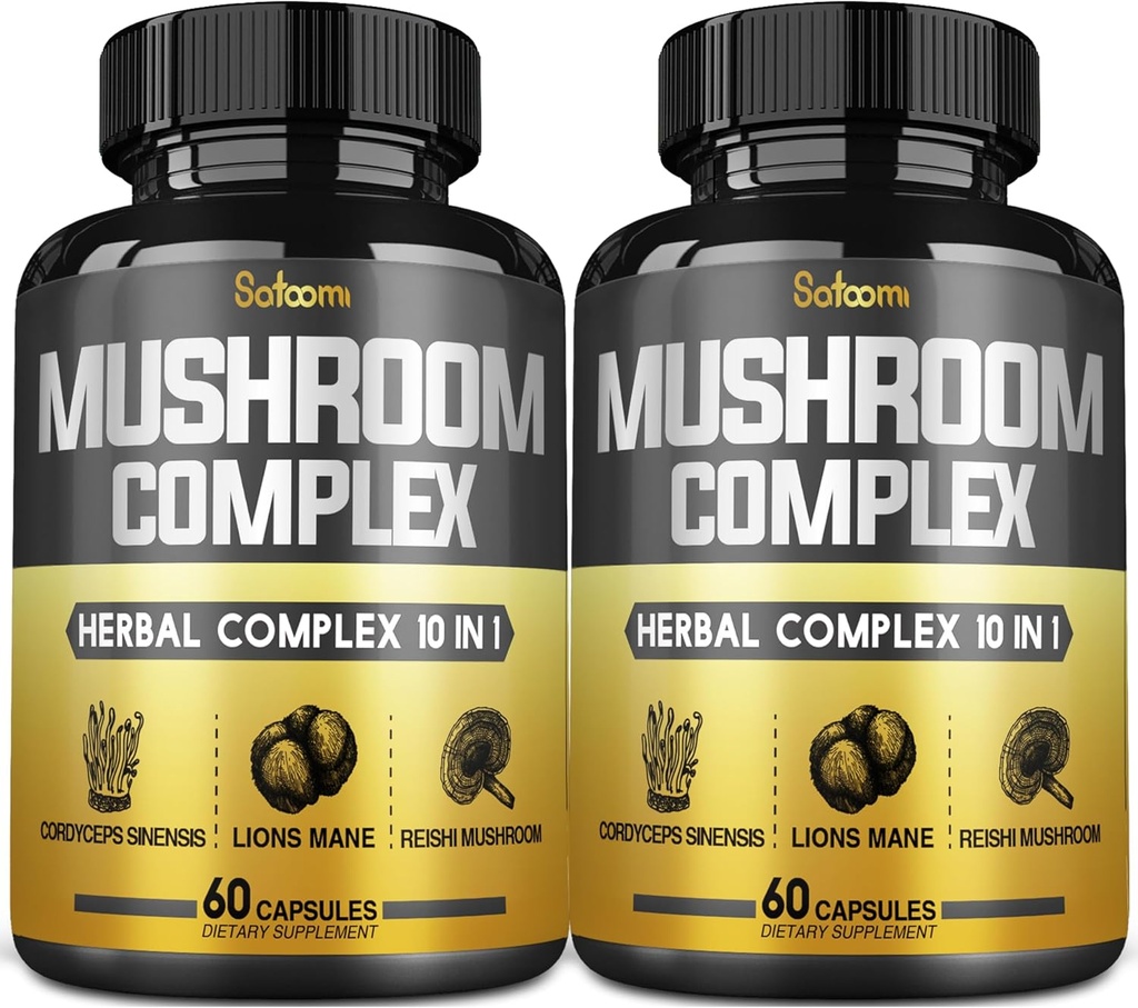 Satoomi 10in1 Mushroom Complex Supplements Kapsułki - 4 Miesięczne dostawy - Mieszanki z Lwami Mane, Cordyceps, Reishi, Chaga, Maitake, Shitake & Inne - 2 opakowania 60 Kapsułki