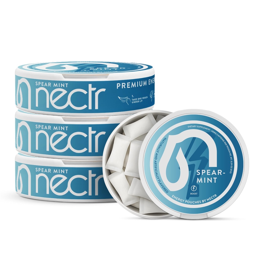 Nectr Energy 50mg Kofeina Pouches - Spearmint Flavored, Sugar- Free Brain Treats. 20x Mini Nicotine- Free Pouches Per Puck. Szybkie ogniskowanie i suplement energetyczny - 4 opakowania