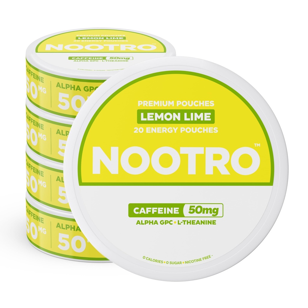 Nootro Cafeline Nootropic Pouches (Lemon Lime) - Energy Pouches with 50mg Cafeline, 50mg Alpha GPC, 50mg L- Theanine with No Sugar and No Calories - 20 Pouches Per Can - 5 opakowań