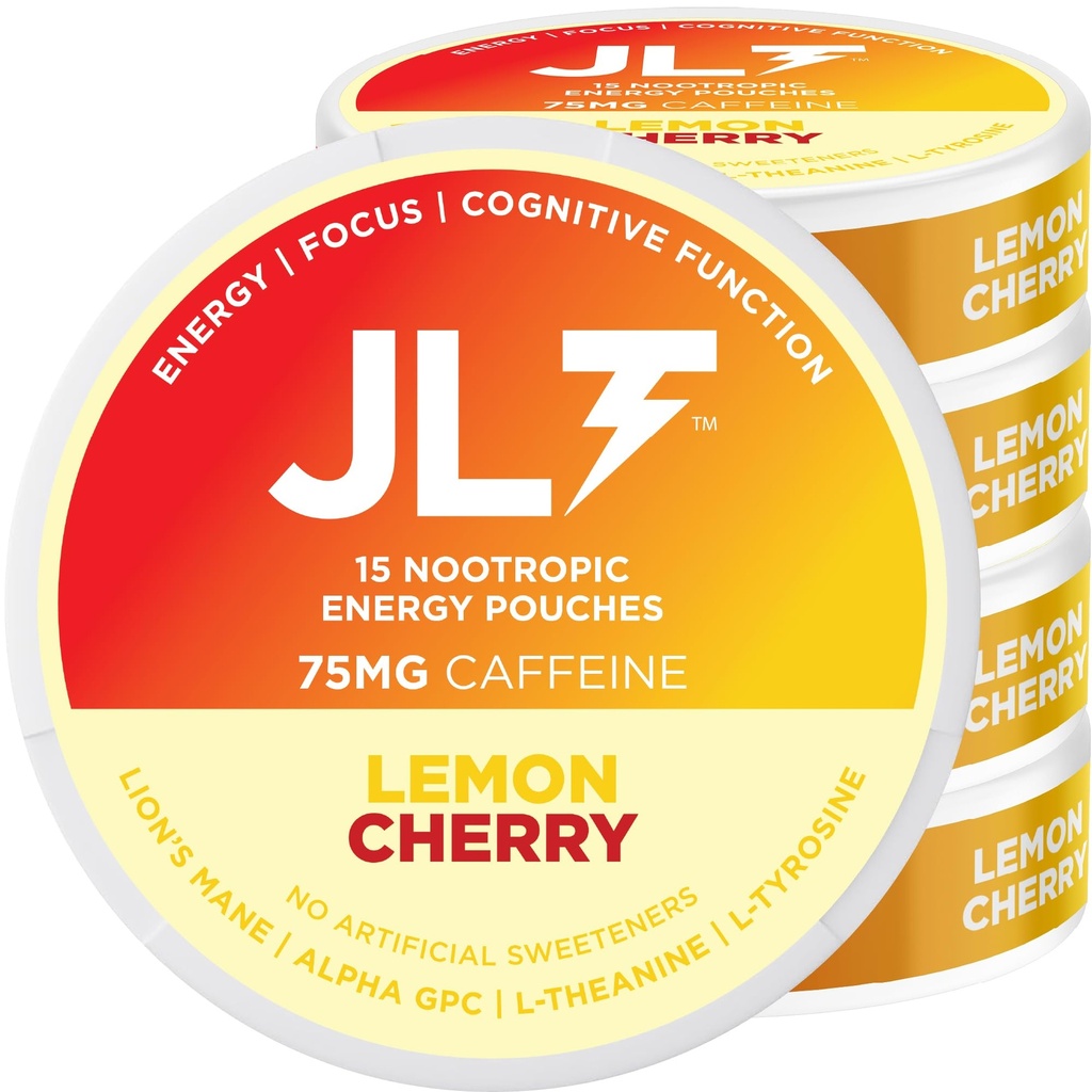 JLT 75 mg Caffeine Nootropic Pouches | Nootropic Energy Pouches with Caffeine, Lion's Mane, Alpha GPC, L-Tyrosine & L-Theanine | No Sugar or Artificial Sweeteners | 15 Pouches Per Can - 5 Pack