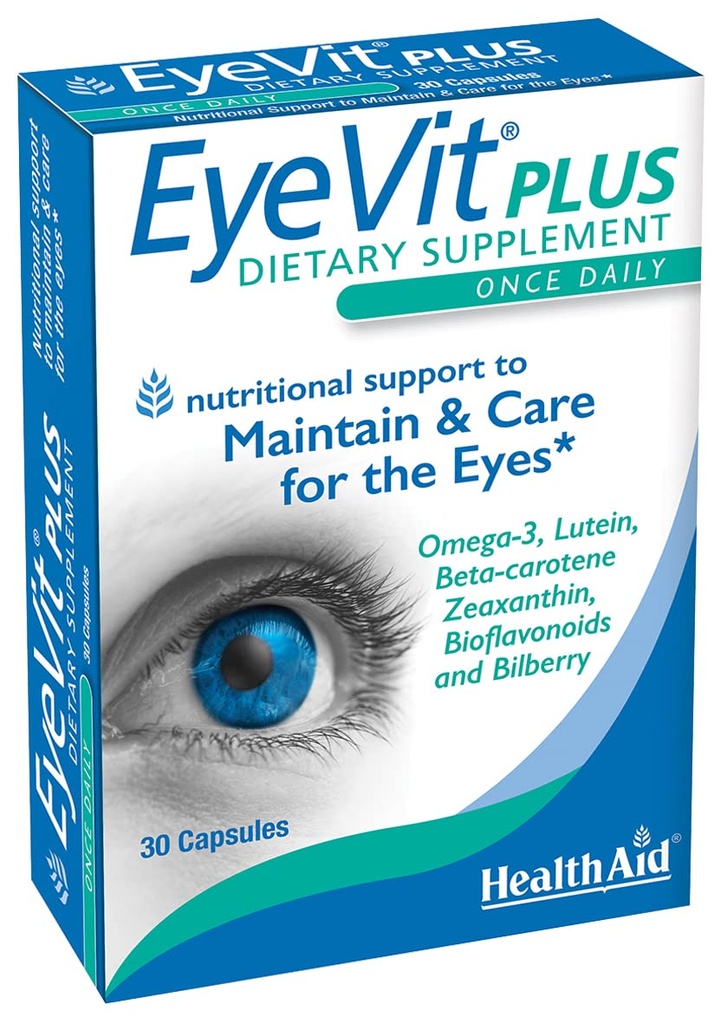 EyeVit Plus - Once- Daily Eye Health Supplement Equipment 124; 30 Capsules Equipment 124; Zawiera Omega-3, Luteina, Beta- Caroten, Zeaksantyna, Bioflavonoids & Bilberry