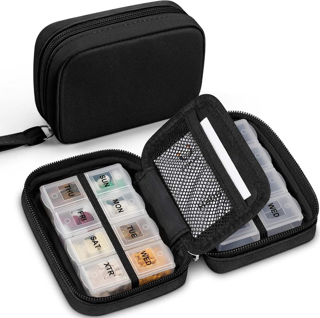 Zannaki Cute Pill Organizer for Purse with Two Removable 7- Day Pill Box, Travel PU Leather Pill Case, Portable Cotygodniowy Pill Pojemnik z workiem do przechowywania witamin, Oleje rybne, Suplementy (czarny)
