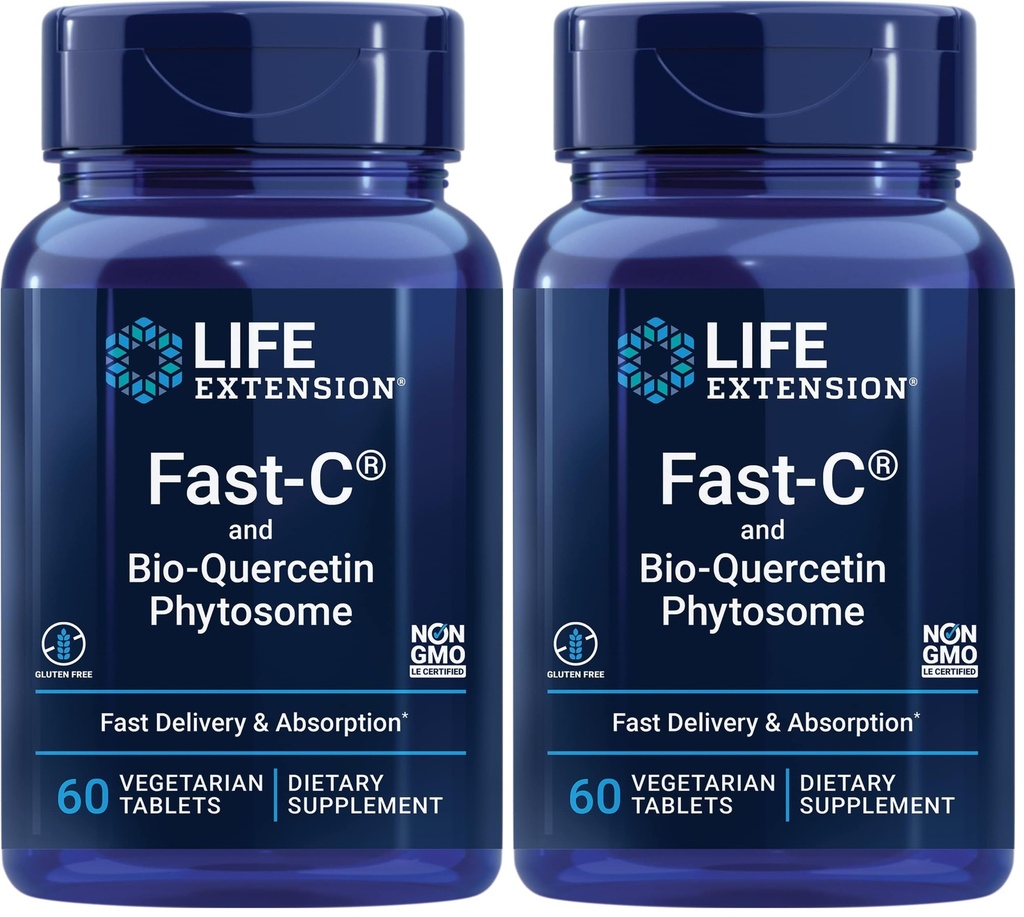 Rozszerzenie życia Fast- C & Bio- Quercetin Phytosome - Szybkie dostarczanie i wchłanianie witaminy C Suplement do optymalnego wsparcia immunologicznego - Bez glutenu, Nie-GMO, Wegetarianin - 60 tabletek (Opakowanie 2)