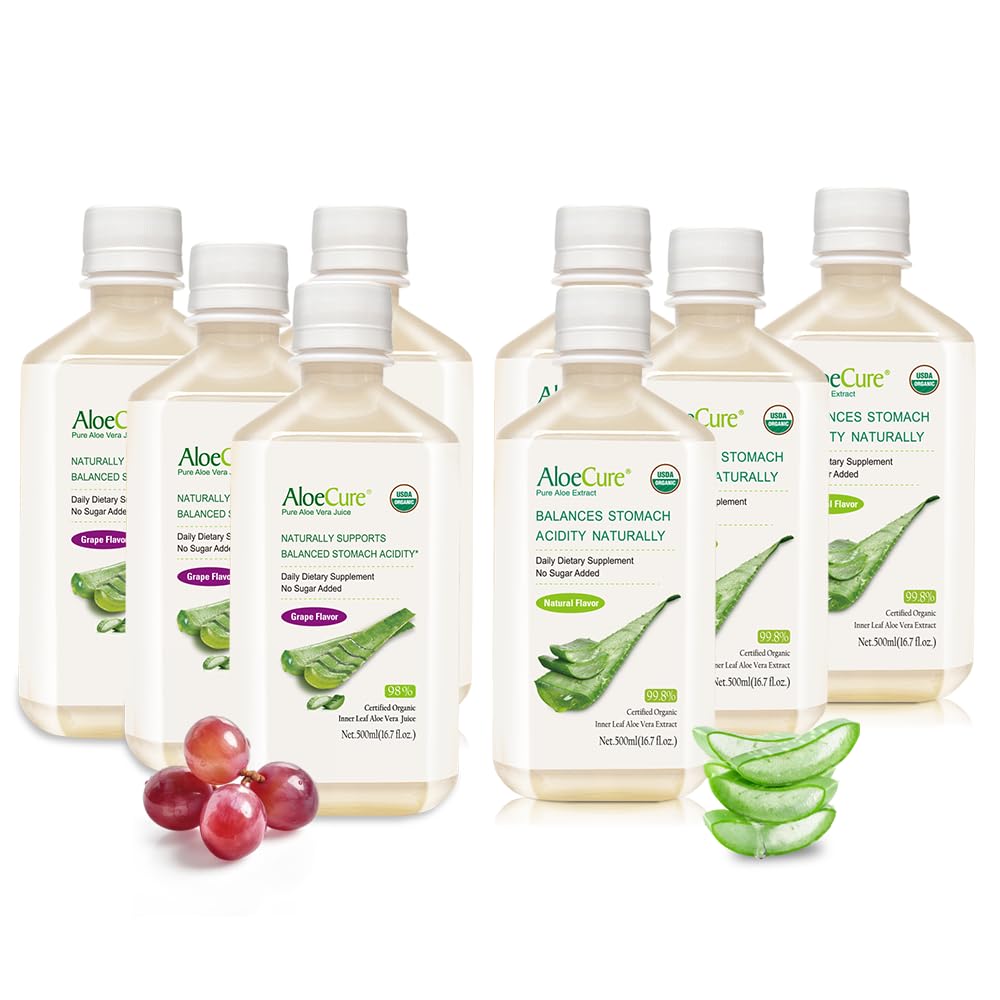 AloeCure Organic Aloe Vera Sok - 8 Butelka Próbka Pack - Winogrona i Natural Flavor, 8x500ml