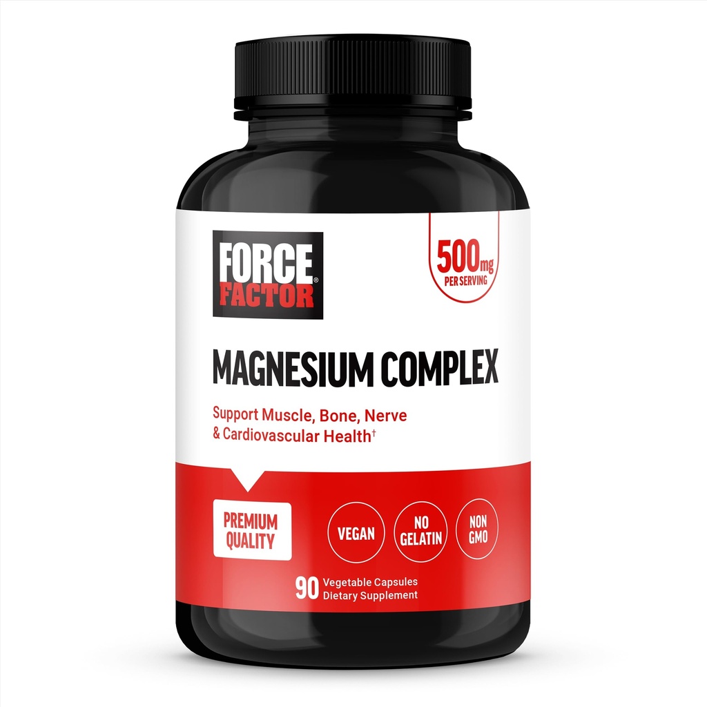 Force Factor Magnezu Complex Supplement to Support Muskles, Bones, Nerves, and Cardival Health, Magnezu Glycinate, Magnezu Citrate, Magnezu Oxide, Vegan, Non-GMO, 90 Kapsułki