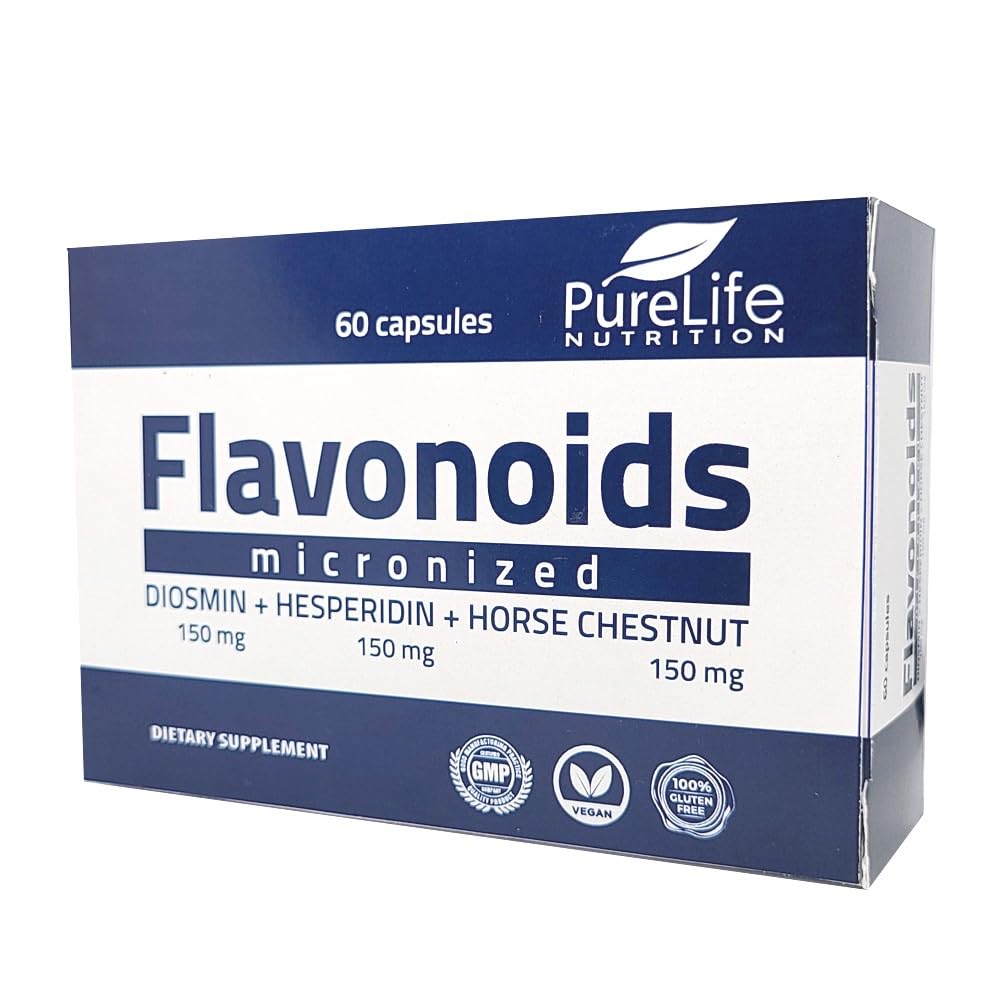Flavonoids 60 dni Wsparcie Zdrowe krążenie, Veins, Capilaries i Lymphatic Drainage- MPFF- Zmikronizowany Diosmin 150mg + Hesperidin 150mg + Koń Chestnut150 mg- Certyfikat GMP, wegan