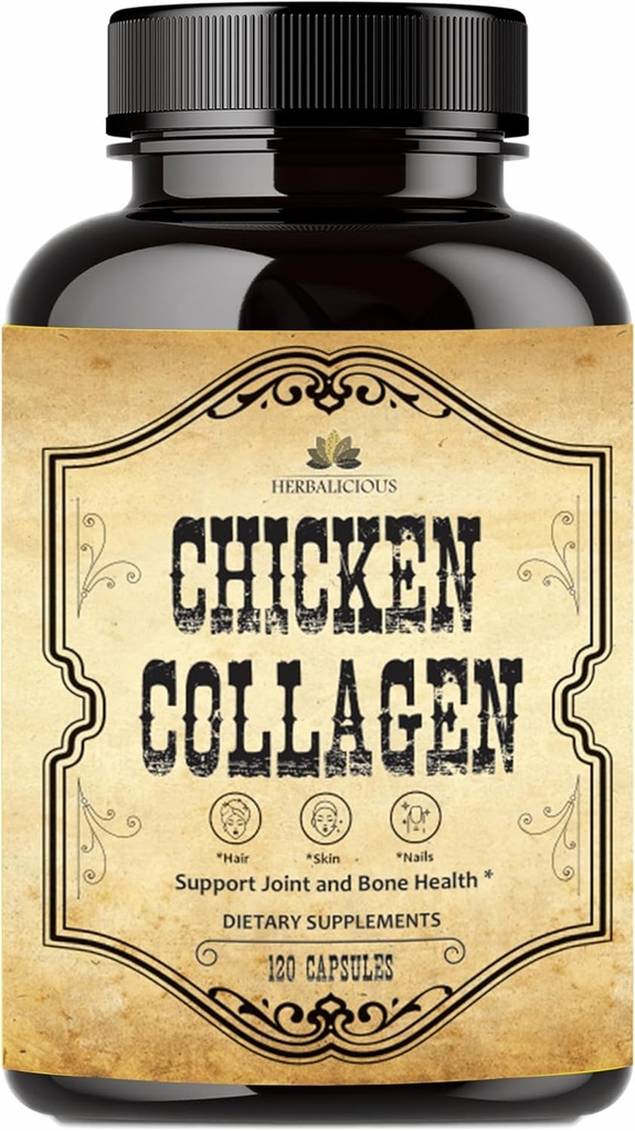 HERBALICIIOUS Kurczak Kolagen Kapsułki - Suplement Kolagenowy dla stawów, skóry i kości Wsparcie - Zhydrolizowane Kolagen Peptydy z Chicken Bone Broth - Non-GMO, Anty- Starzenie - 120 Kapsułki