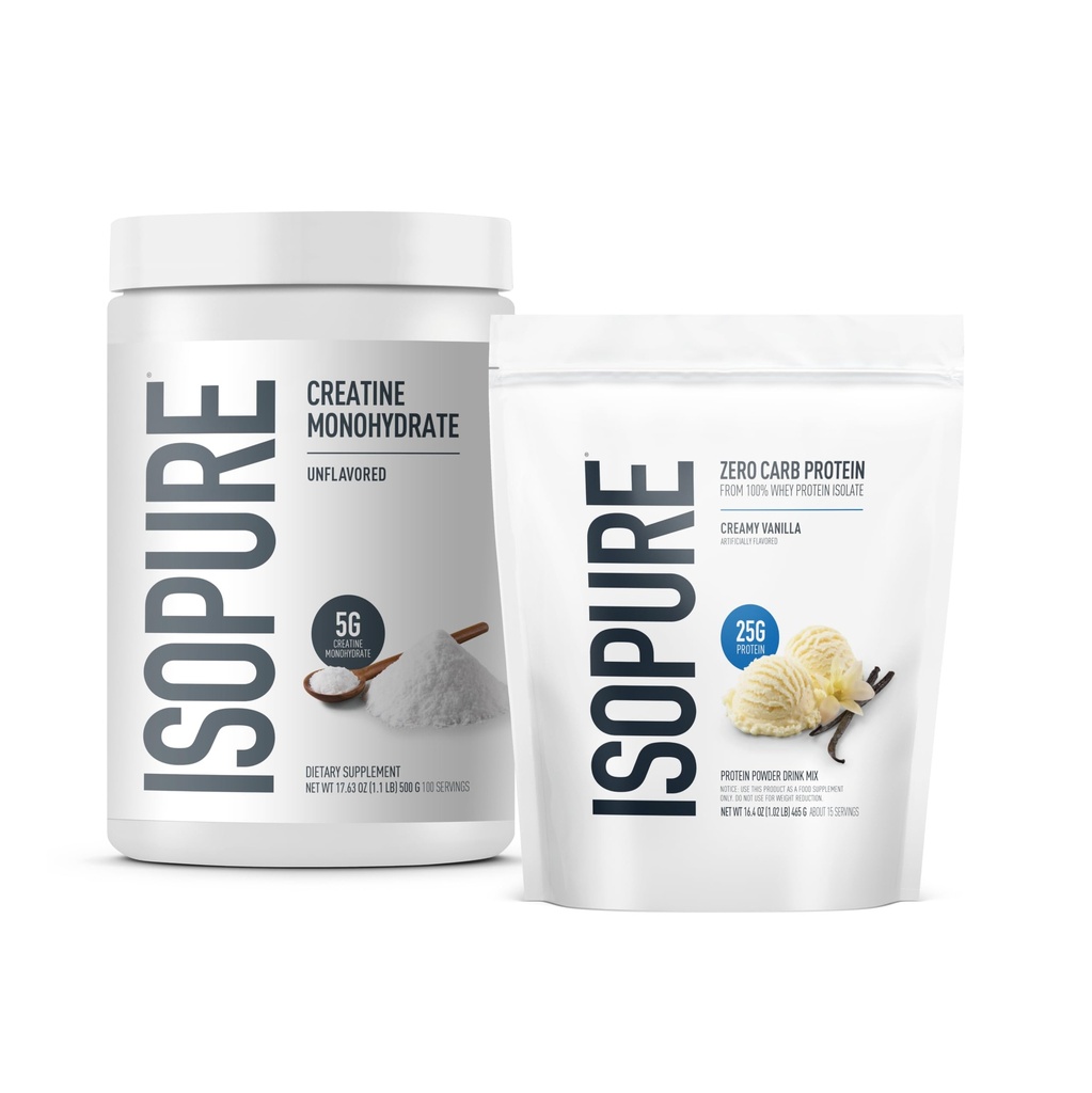 Isopure Paleta Zero Carb 100% Pure Whey Isolate Protein Powder, Creamy Vanilla, 25g Protein Per Serving, 1 Lb, 14 Serws + Isopure 100% Pure Creatine Monohydrate Powder, 100 Służenia