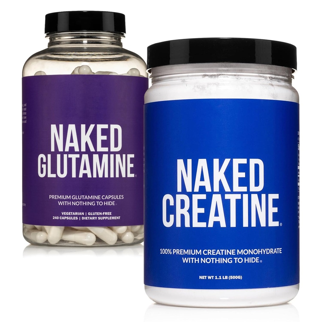 NAKED Pure Mikronized Creature Monohydrat 100 Słupki + Pure L- Glutamine 240 Kapsułki Bundle: Wegan, Non-GMO, Gluten Free. Minimalizacja rozpadu mięśni i poprawić syntezę protein. Nic sztucznego