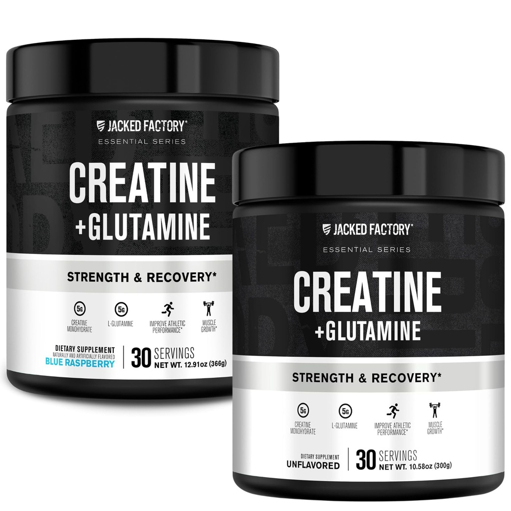 Jacked Factory Creature + Glutamine - Suplement z L- Glutamina do Odzyskiwania Mięśnie, Muscle Growth, Zwiększona siła (30 Służenie, Nieflavored & 30 Służenie, Niebieski Malina)