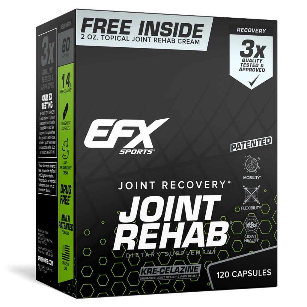 EFX Sports Joint Rehab Recovery Kit: 124; Powered by Kre- Celazine ® Equipment 124; for Mobility & Joint Health Equipment 124; 120 Capsules Kre- Alkalyn Creatine + 2 oz Topical Cream