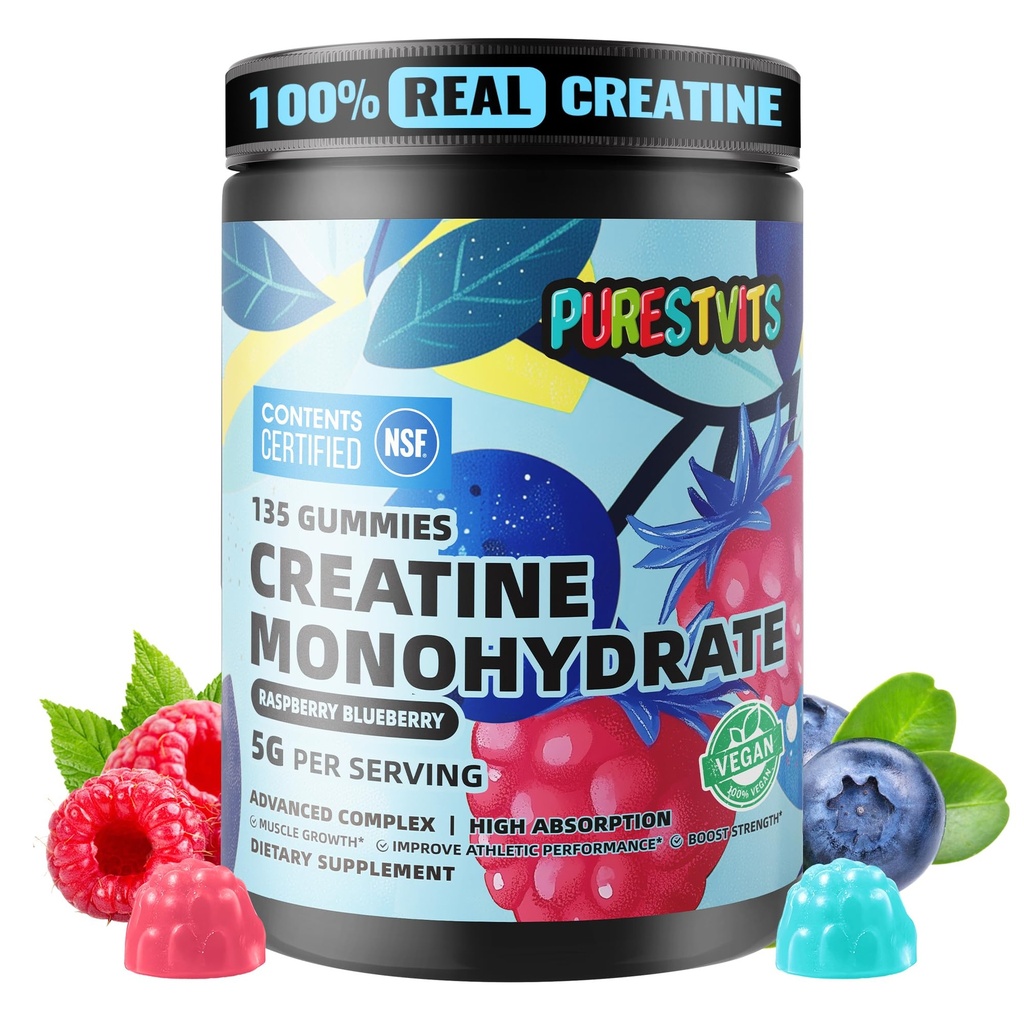 NSF Certified Creatine Gummy 5g - Monohydrat Gummies - Wstępny trening energii i wsparcia wzrostu mięśni dla mężczyzn i kobiet 124; Malina jagodowa Gummies Electrolyte (135 Count)