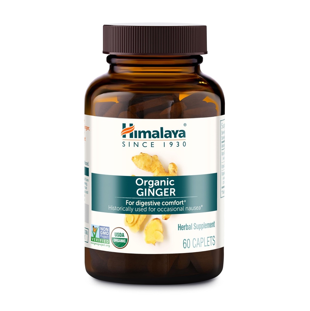 Himalaya Organic Ginger, 60 Day Supply - Digestive Health Supplement for Nausea, Upset Stomach Relief, and Occasional Bloating and Heartburn - USDA Organic, Vegan, Non-GMO, Gluten Free, 60 Caplets