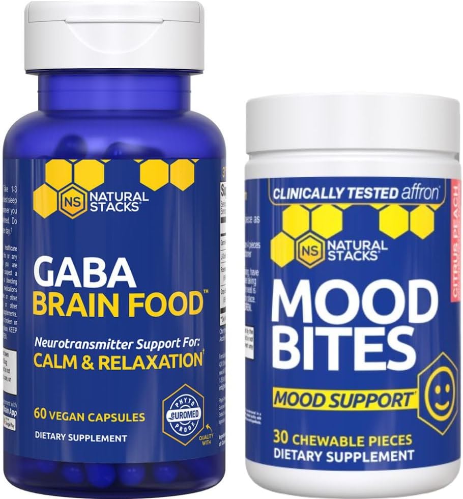 NATURAL STAKS Nastrojów Bites + GABA Brain Food Bundle - Pomaga Relaks i Ulepszony nastrój * - 90 Razem Kawałki