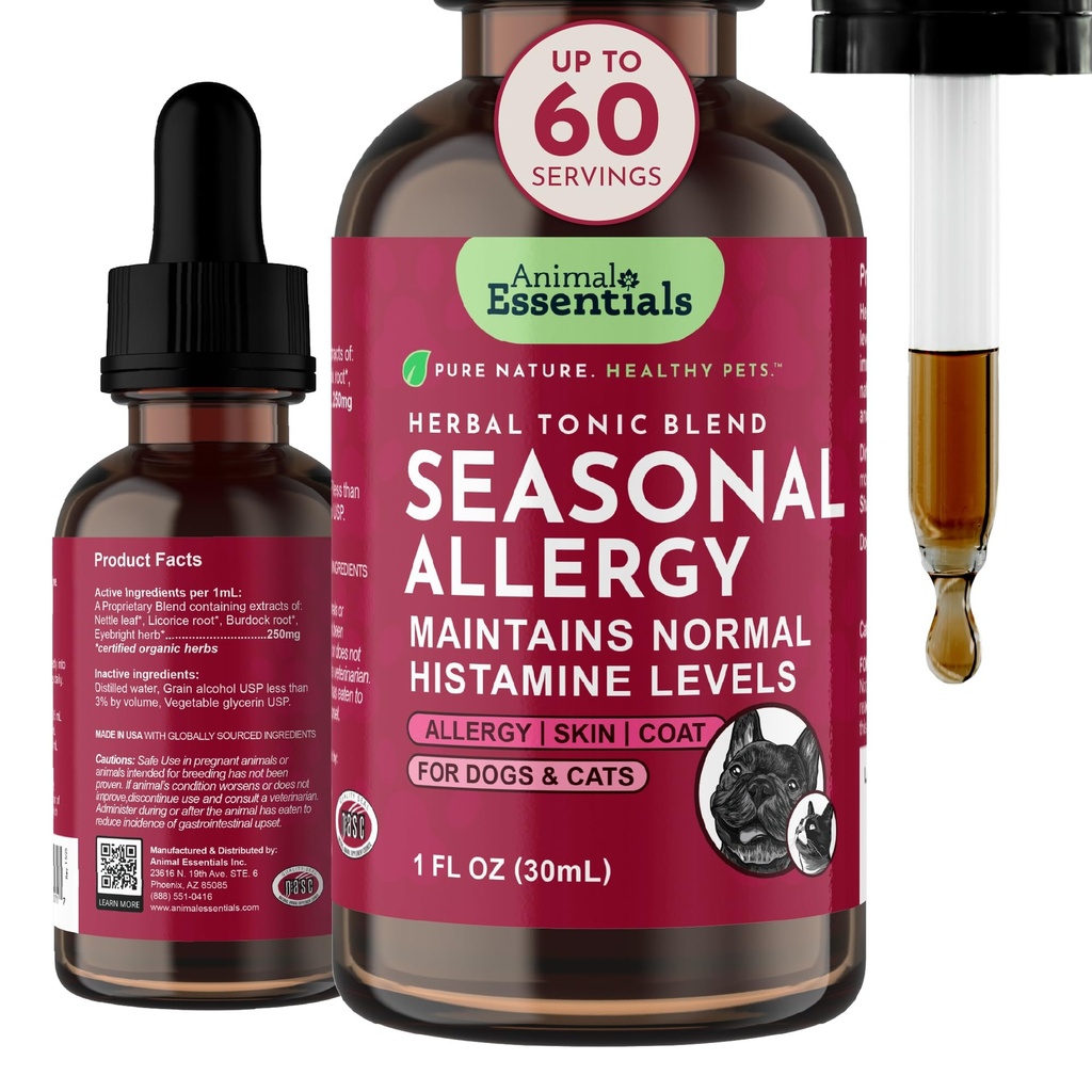 Ensentials zwierząt Sezonowe alergii-Herbal Formuła dla psów i kotów na okazjonalne ulgi alergiczne, słodki smak, 100% Organic Human Grade Herbs, Weterynarian Recommended Animal Wellness Tonics - 1 Fl Oz