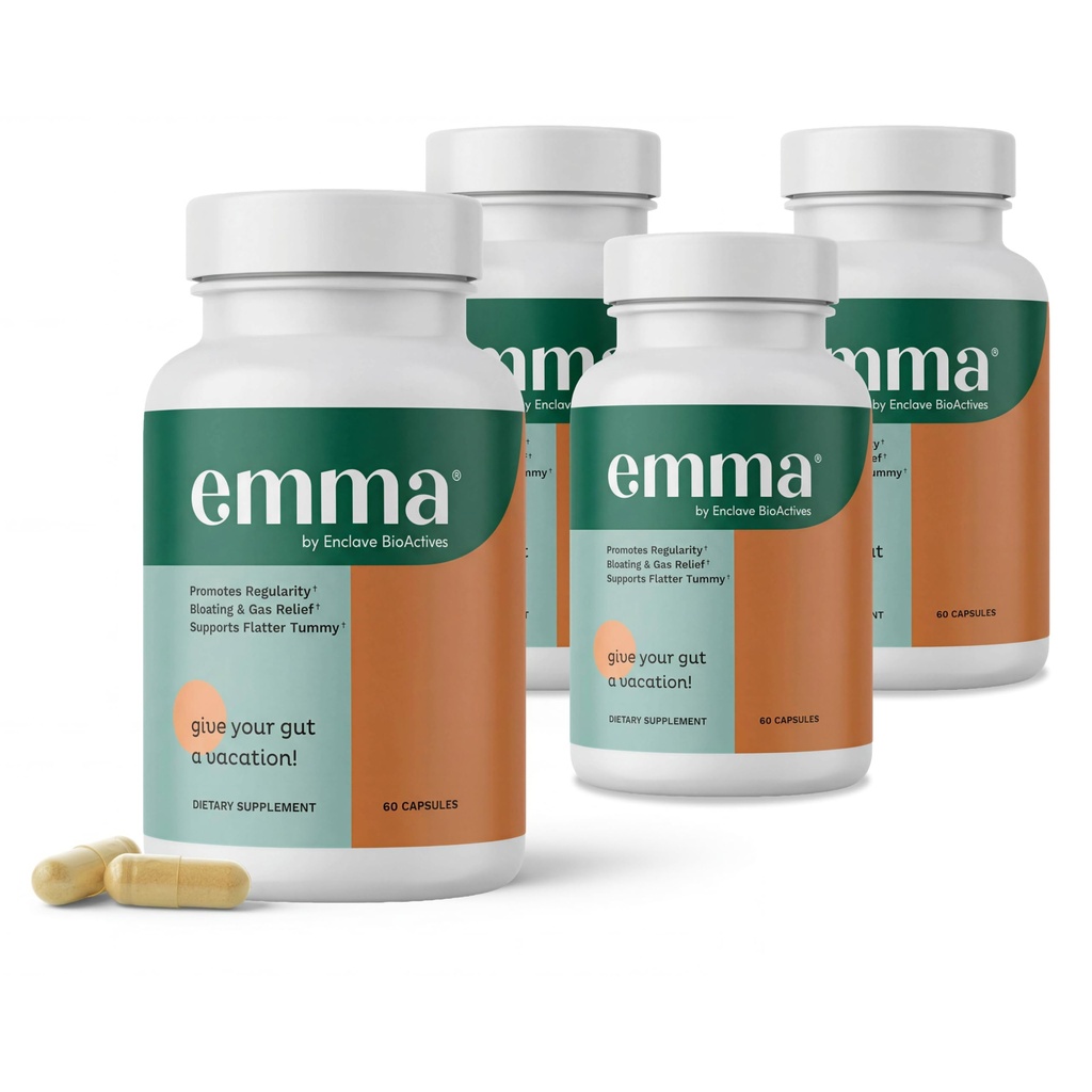 Emma Gut Health - 4 Pack - Relief gazowy i dmuchany, Zaparcia, Leaky Gut Repair - Gut Cleanse & Restore Trawienie - Regulate Bowel Movement. Probiotyki i alternatywa laksyfikacyjna, 240 kapsułki