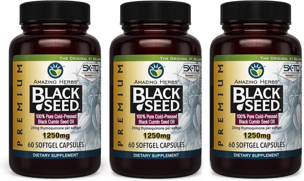 Niesamowite Herbs Premium Black Seed Oil Kapsułki - Wysoka potencja, Nigella Sativa z zimną dociskiem pomocniczym w zdrowiu pokarmowym, Wsparcie immunologiczne i funkcje mózgu - 60 Count, 1250mg (Pack of 3)