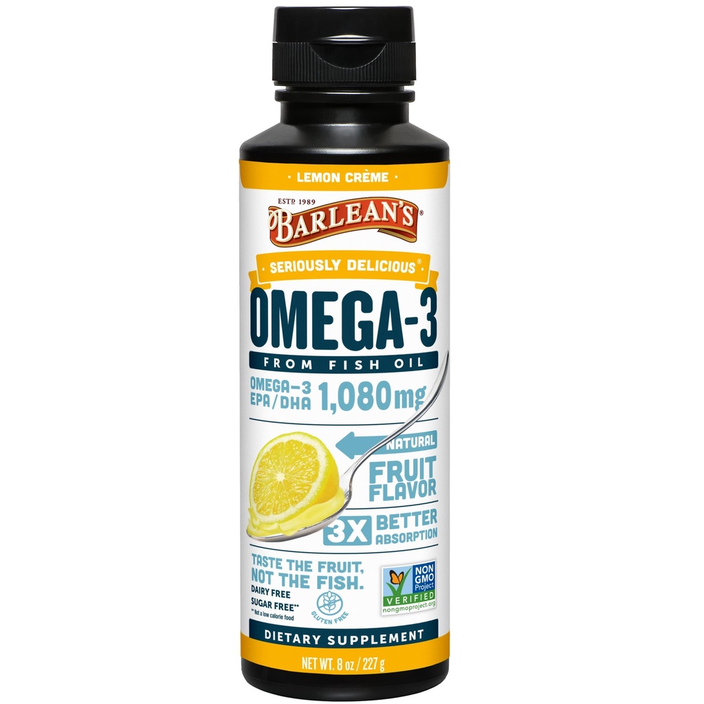 Barlean Omega 3 Fish Oil Liquid Supplement for Men and Women, 1080mg EPA and DHA Fatty Acid, Promotes Brain & Heart Health - Non-GMO, Lemon Crème, 8 oz