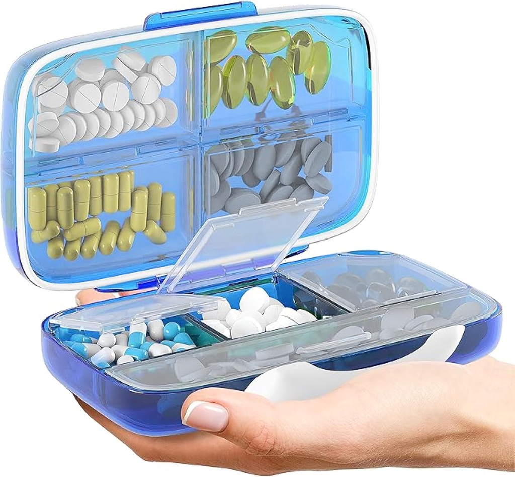 Travel Pill Organizator - hermetyczny lek Case for Traveling Portable Pharmacy Box z etykietami Witamina Container 8 Komplemental Supplement Medication Holder Dużą Pojemność Daily (Blue)