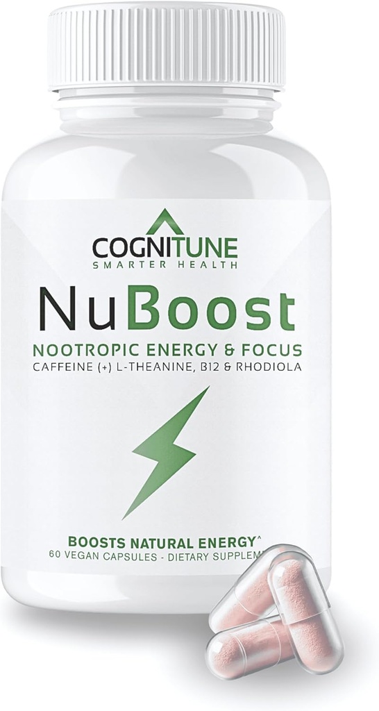 CogniTune NuBoost Energy & Focus Brain Supplement, Kofeina L- Theanine, Witamina B12, Rhodiola + BioPerine, No Crash, Jitter Free 100mg Caetine Pills, Czysty Nootropowy Booster mózgu, 60 Ct