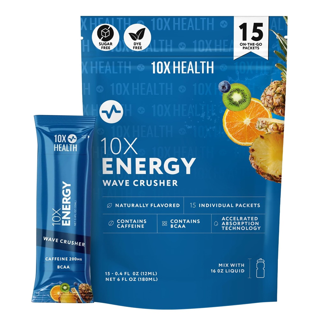 10X Zdrowie - Energy Wave Crusher - Napoje energetyczne z 200 mg kofeiny, BCAA, Witaminy B, Przyspieszona absorpcja - Tropikalny Punch Pre- Workout Drink - 15 Drink Mix Pakiety (Wave Crusher - Energia)
