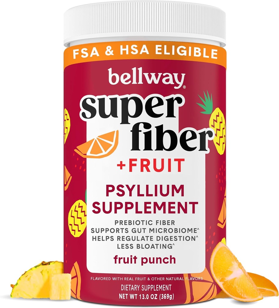Bellway Super Fiber Powder + Owoce, Bez cukru Organic Pyllium Husk Powder Suplement Fiber do Regularności, Bloating Relief & Digestive Health, Plant- Based, Owoce Punch (50 Służenie)
