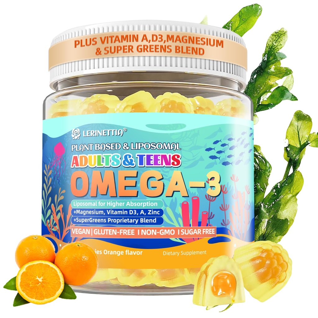 Vegan Omega-3 Gummies - 1000mg Algae Oil with 650mg DHA & 250mg EPA for Teens & Adults - Plus Vitamin D3, A,C, Lutein, Zeaxanthin, Magnesium for Eye & Immune Health, Brain - Sugar Free, Non-GMO, 60Cts