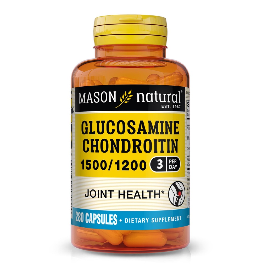 MASON NATURAL Glukozamina Chondroitin 1500 / 1200 z witaminą C, wspomaga wspólne zdrowie dla normalnej elastyczności i mobilności *, 280 kapsułki, 3 miesięczne dostawy