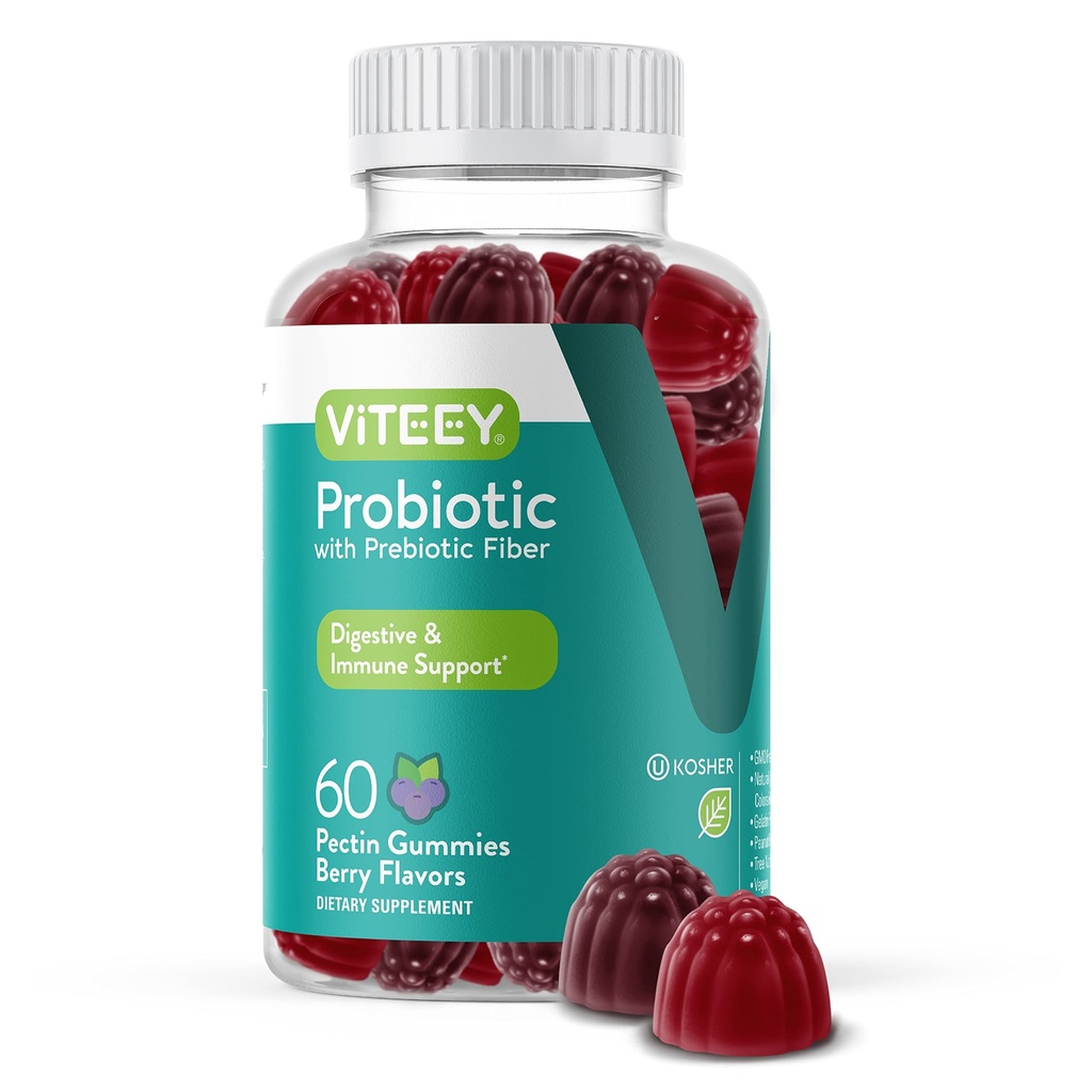 Viteey Probiotic Gummies z Prebiotykami - Gut Health Supplements for Digestive Health - 2 Billion CFU - Wegan, Gluten- Free - 60 Count