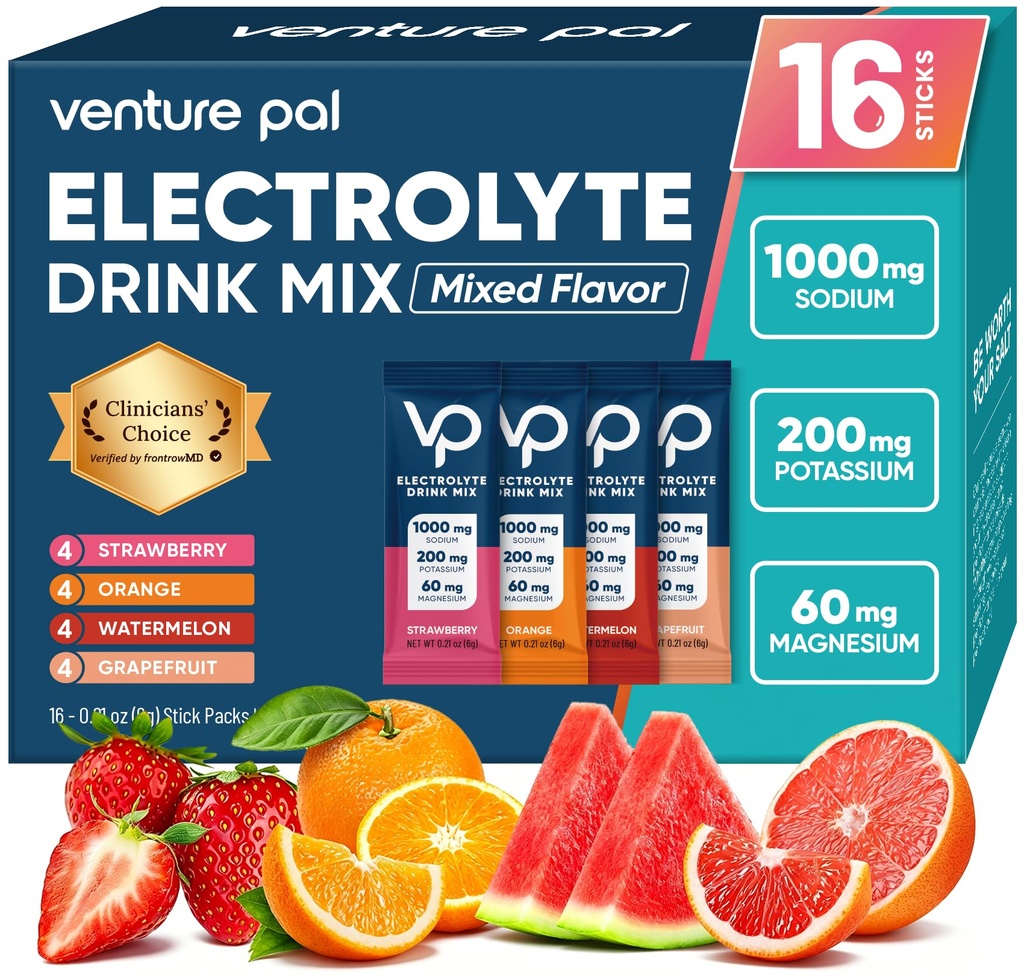 Venture Pal wysoki cukier bez elektrolitów w proszku pakiet - pakiety nawadniania z witaminą, Sodu & Potas 124; Zero kalorii 124; Wegan, Keto & Paleo Przyjazny Electrolyte Drink Mix - 16 Sticks